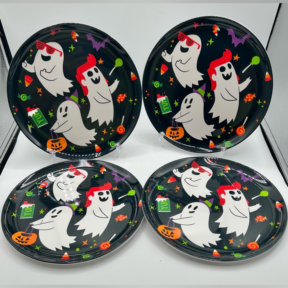 Hyde & Eek Halloween Dinner Plates Plastic Dancing Ghosts Set of 4 New